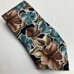 Oscar De La Renta Neckwear Blue Tan Floral Patterned Mens Tie Office Work Preppy